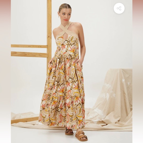 mon renn Dresses & Skirts - mon renn kindred tan print cut out halter neck linen blend tiered maxi dress new